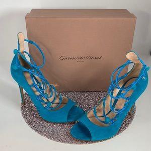Gianvito Rossi Multistrap Turquoise Suede 4.5in Heels